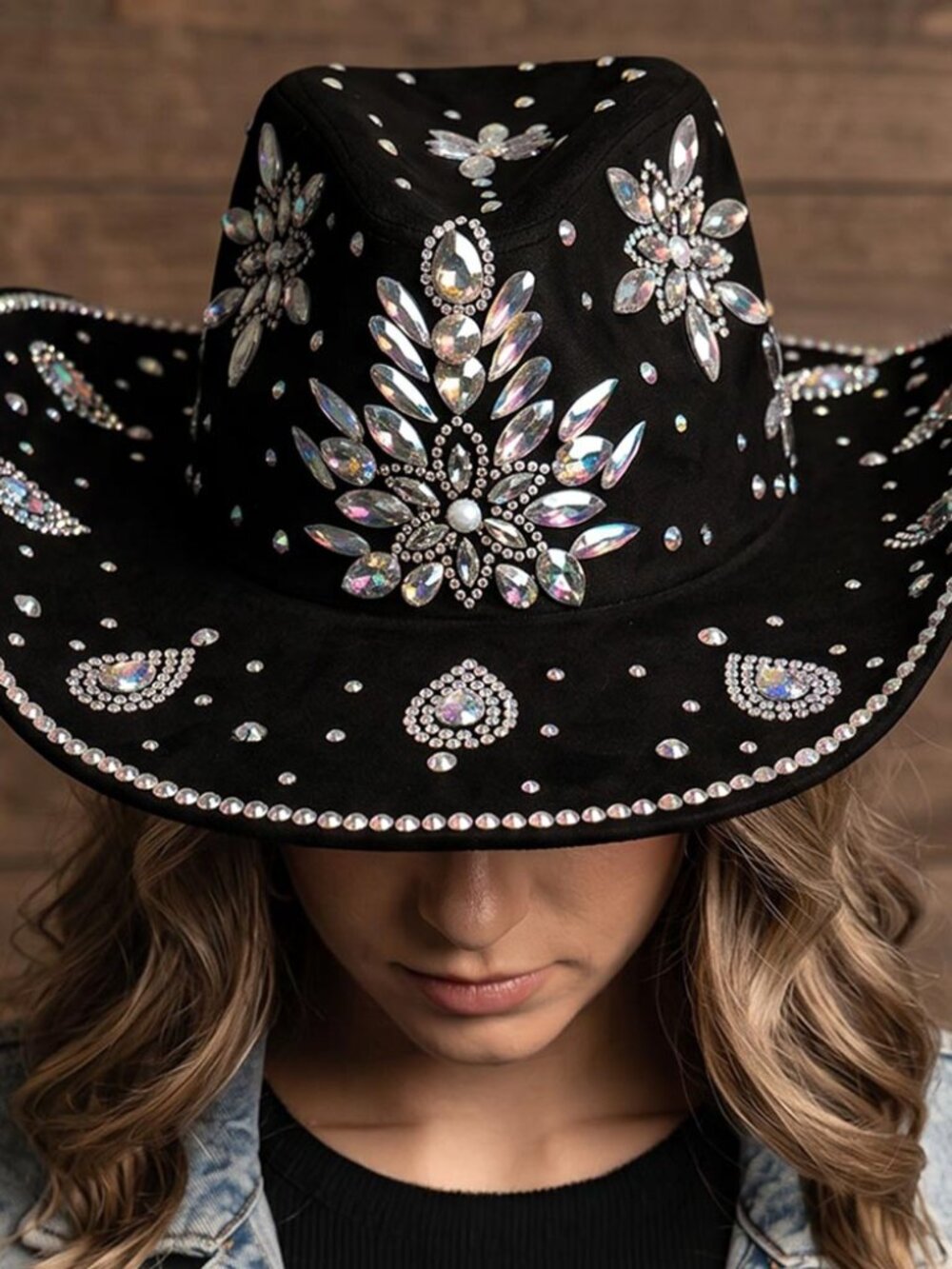 Black Floral Bling Rhinestone Embellished Western Cowgirl Cowboy Hat